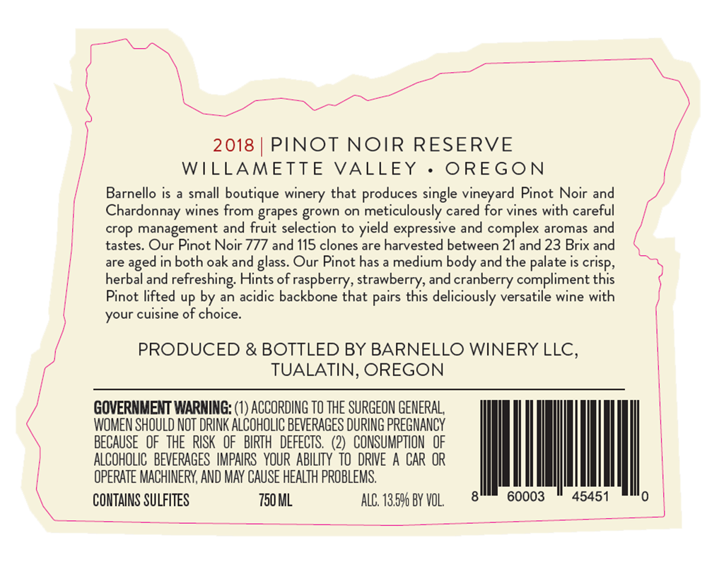 Pinot Noir | OR Barnello - 2018 Reserve Winery Tualatin